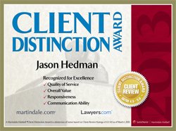 Client Distinction Award | Jason Hedman | Recognized for Excellence | Martindale.com | Lawyers.com | 2013